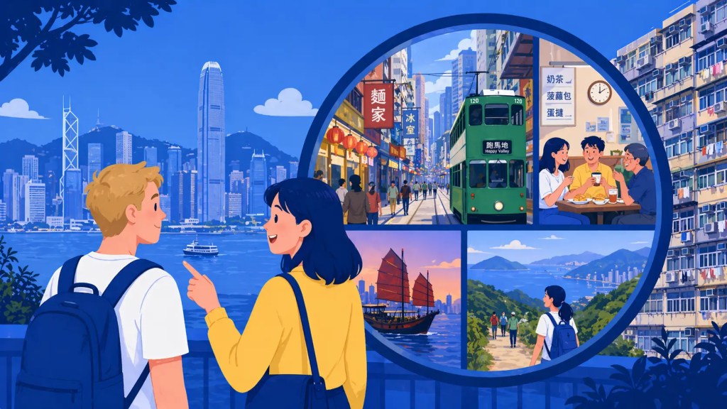 An illustration of a Western expat and a local Hong Kong woman talking happily in front of the Victoria Harbour skyline. Beside them is a circular collage highlighting everyday Hong Kong culture, featuring a busy street with a green double-decker tram, friends chatting at a cha chaan teng diner, a traditional red-sailed junk boat, and people hiking a scenic mountain trail.