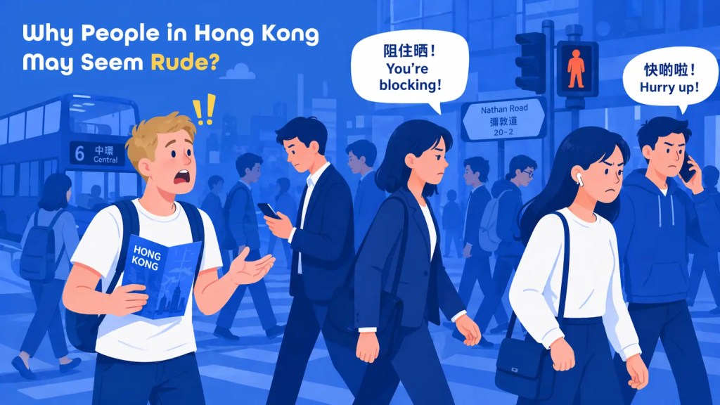 Busy Hong Kong street at rush hour showing crowded, fast‑paced city culture