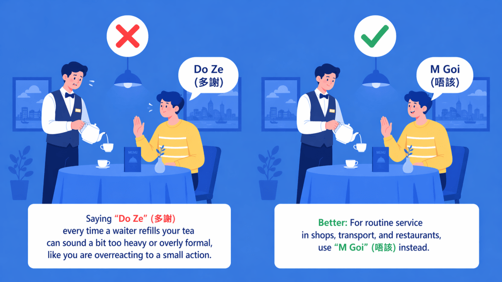 Illustration of Mistake 2 in Cantonese: using Do Ze instead of M Goi for small everyday services