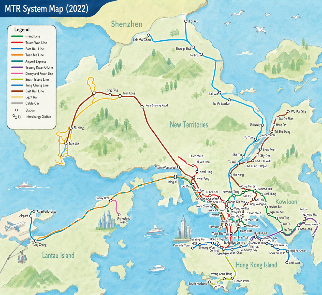 Illustrated 2022 Hong Kong MTR system map showing subway lines, stations, and regions like Kowloon and the New Territories.