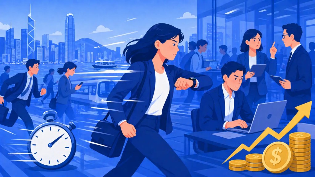 Working woman rushing through a busy street in Hong Kong, showing the city’s fast‑paced work culture