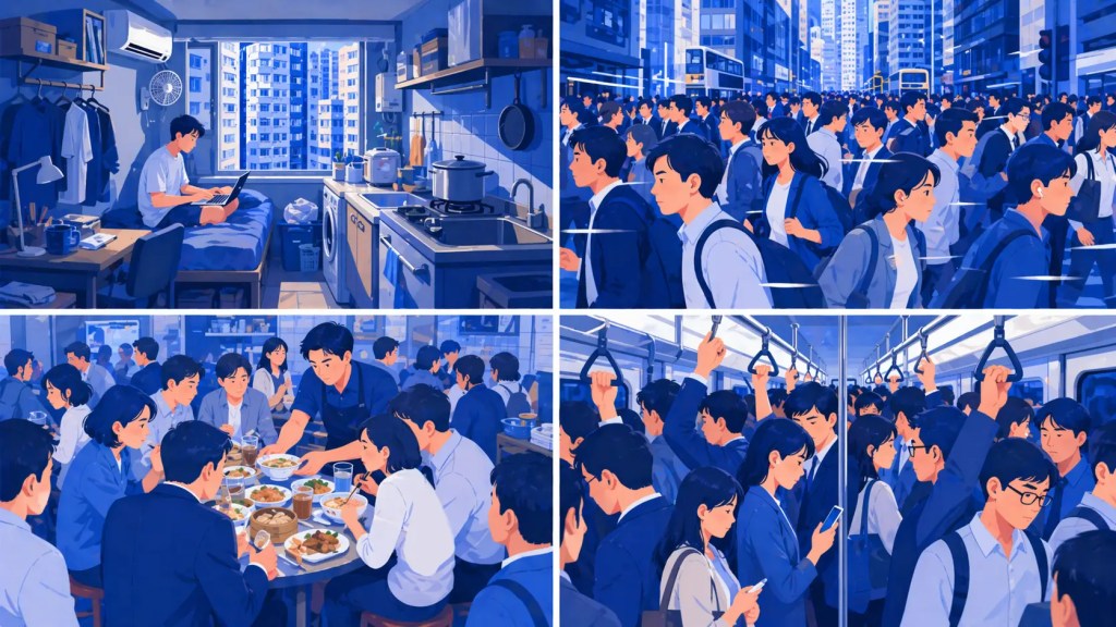 A cozy bedroom with a person sitting on the bed using a laptop, featuring a kitchen area and views of an apartment complex outside.