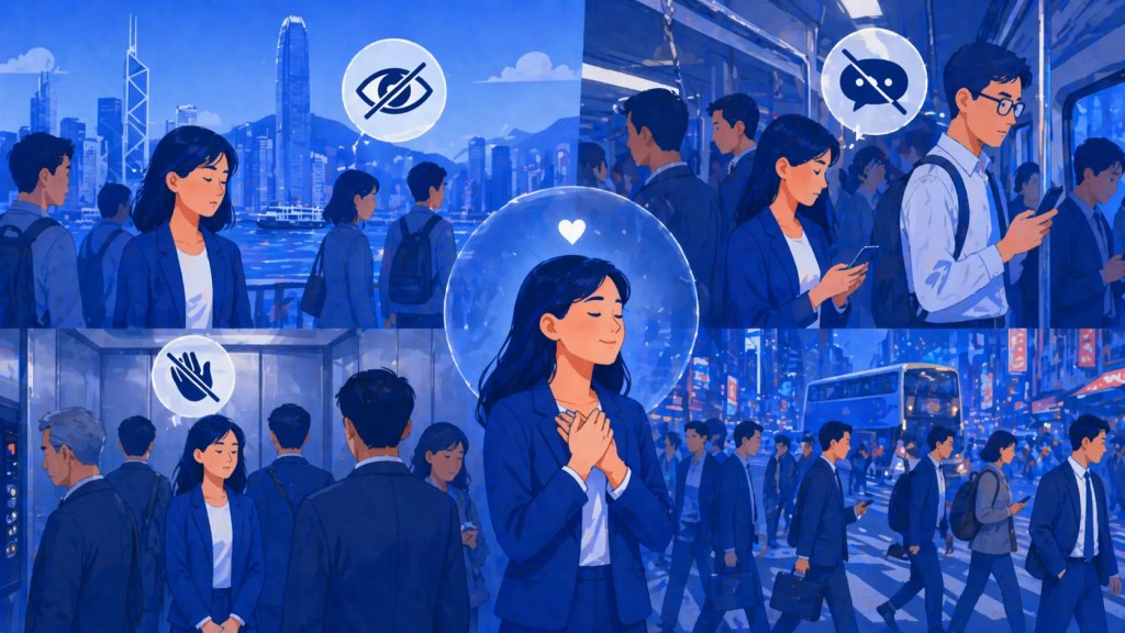 A digitally illustrated scene depicting a busy urban environment with a woman in a blue suit, surrounded by a crowd, symbolizing feelings of connection and isolation. The image features various icons representing seeing, touching, and hidden emotions, set against a vibrant blue city backdrop.