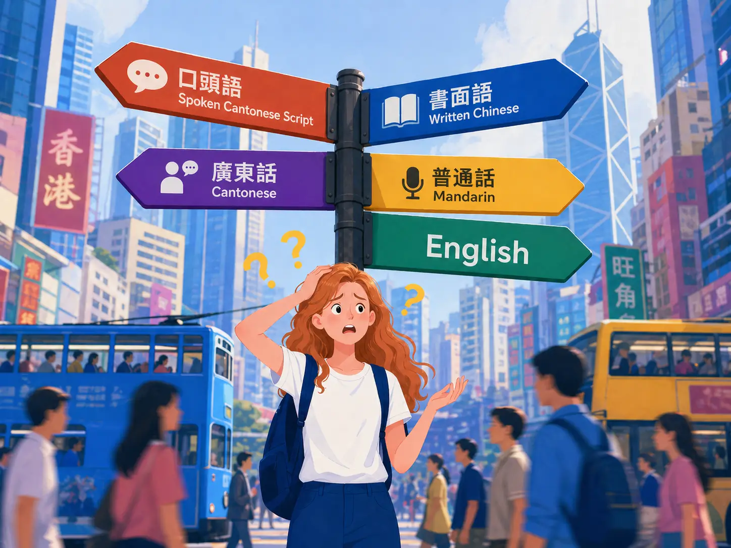 A confused non-local woman standing in front of a street sign in Hong Kong that points to different languages: Spoken Cantonese Script, Written Chinese, Cantonese, Mandarin, and English, wondering do I need to learn Cantonese in Hong Kong