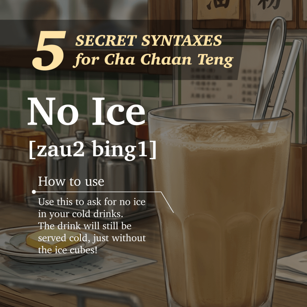 一杯冷飲，標題為「無冰」，以及使用說明，顯示「使用此語法可要求冷飲無冰塊」的內容。
